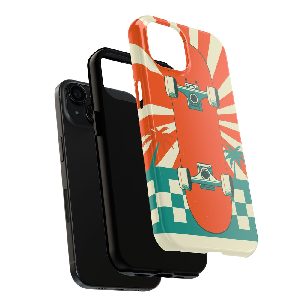 Skateboard Phone Case - Retro Sunburst, Palms and Checkerboard