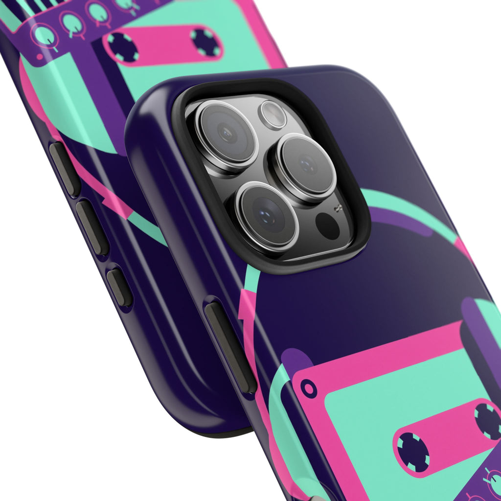 Retro Cassette Phone Case - Neon Headphones and Synth Design