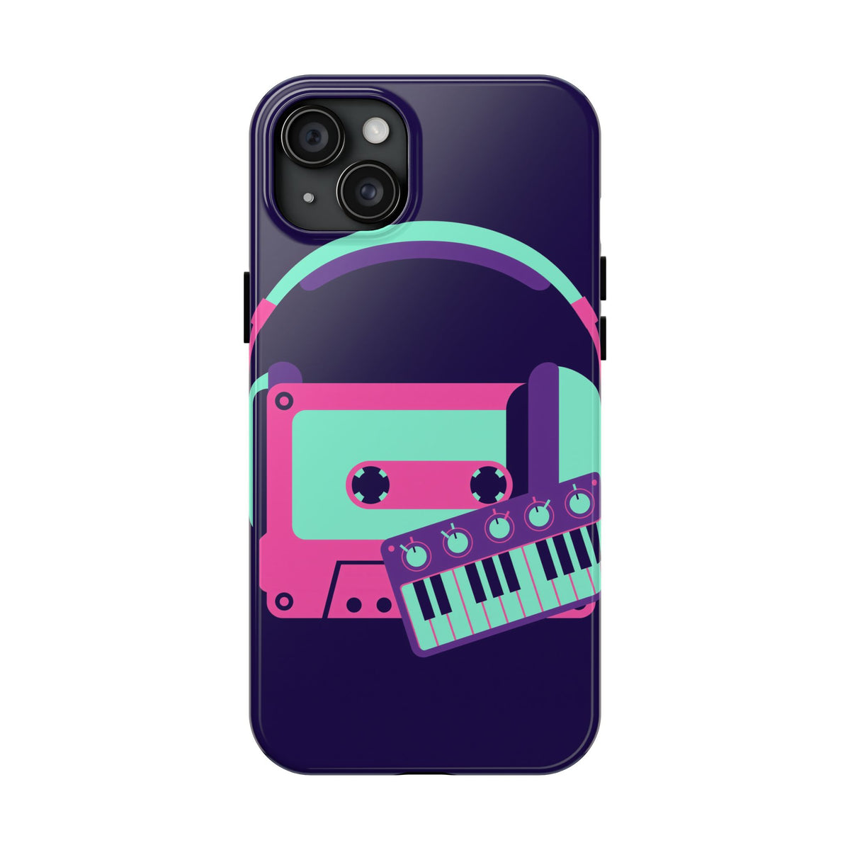 Retro Cassette Phone Case - Neon Headphones and Synth Design
