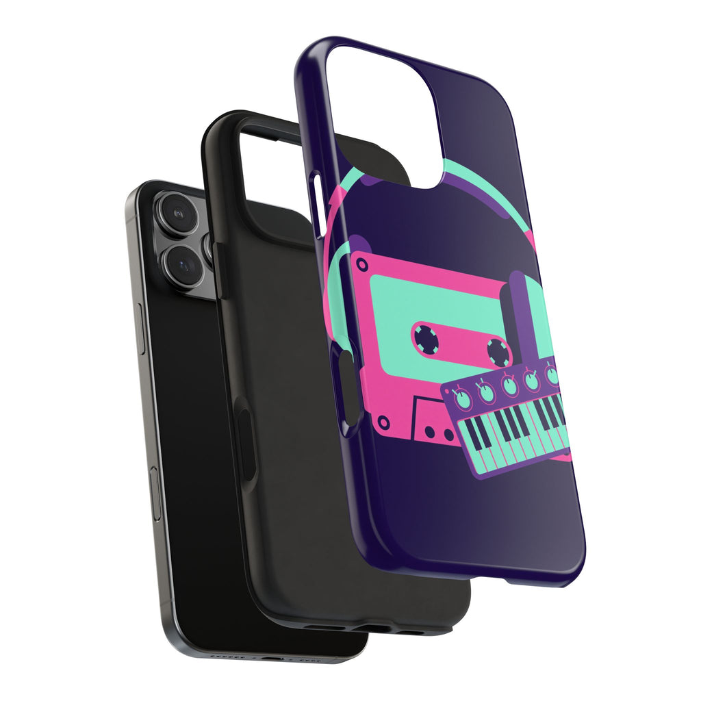 Retro Cassette Phone Case - Neon Headphones and Synth Design