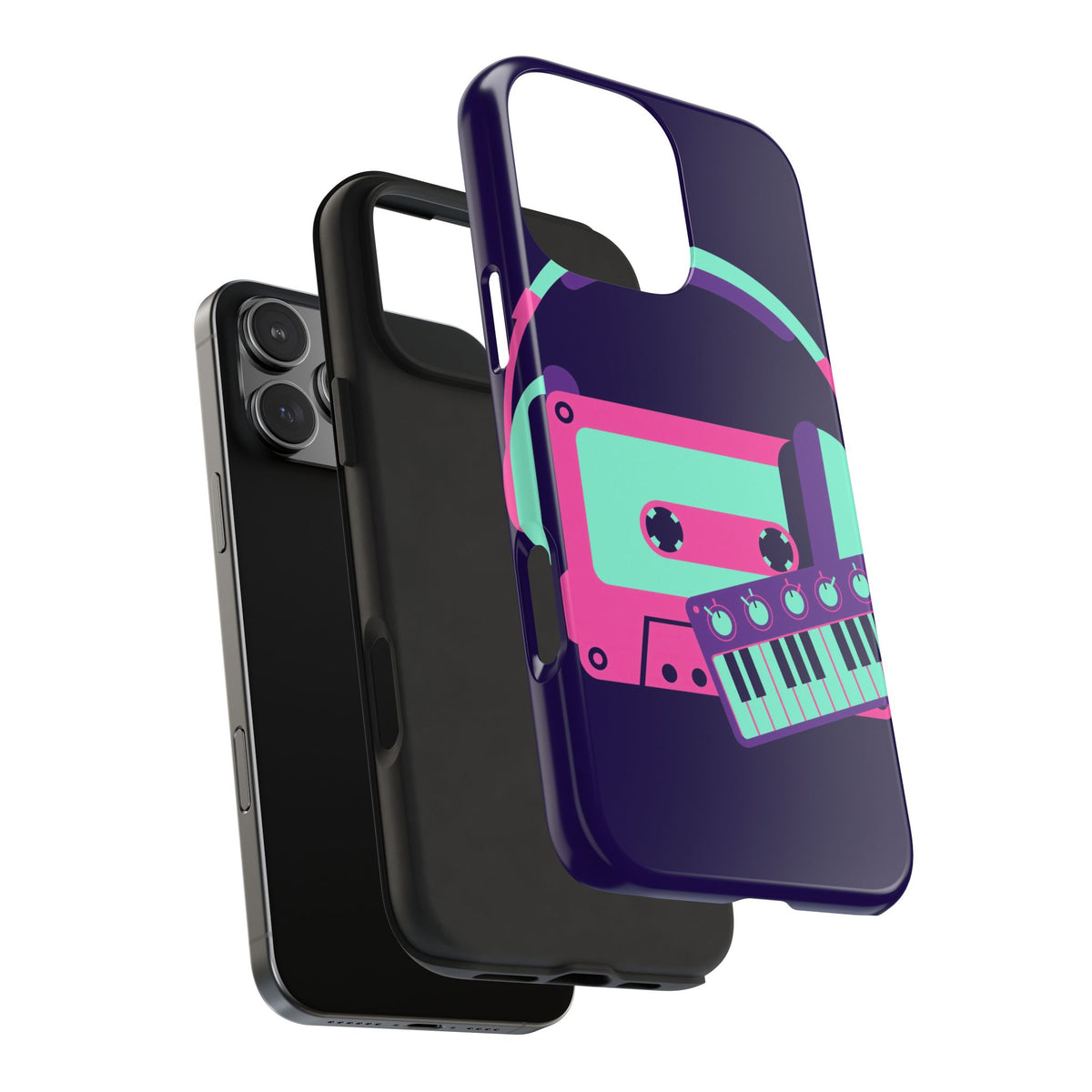 Retro Cassette Phone Case - Neon Headphones and Synth Design