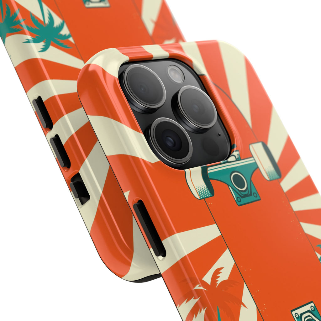 Skateboard Phone Case - Retro Sunburst, Palms and Checkerboard