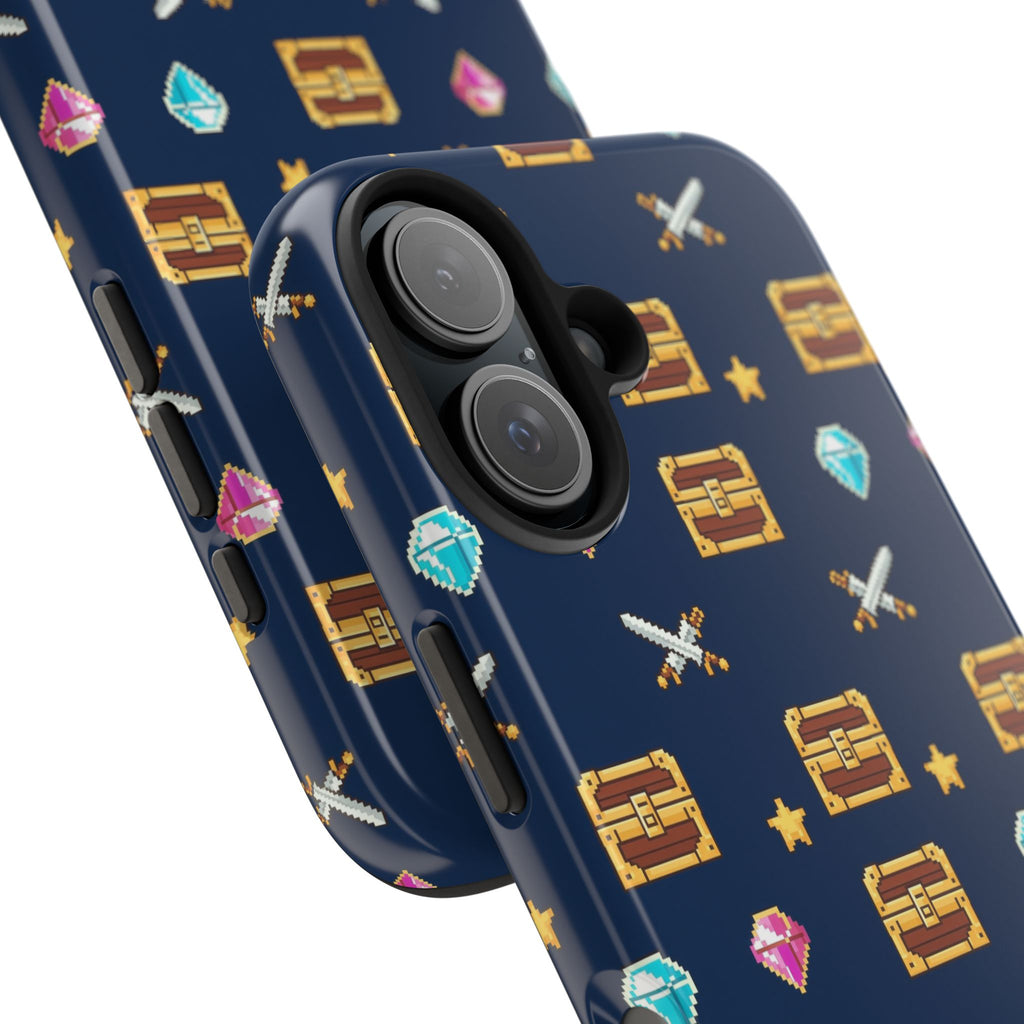 Tough phone case with a pixel art pattern of treasure chests, gems, potions and swords on navy - view 34