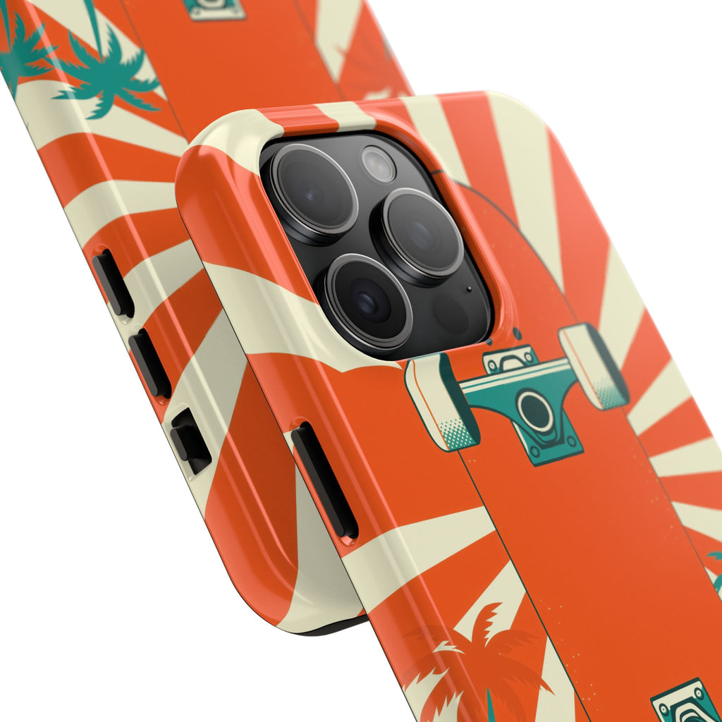 Skateboard Phone Case - Retro Sunburst, Palms and Checkerboard