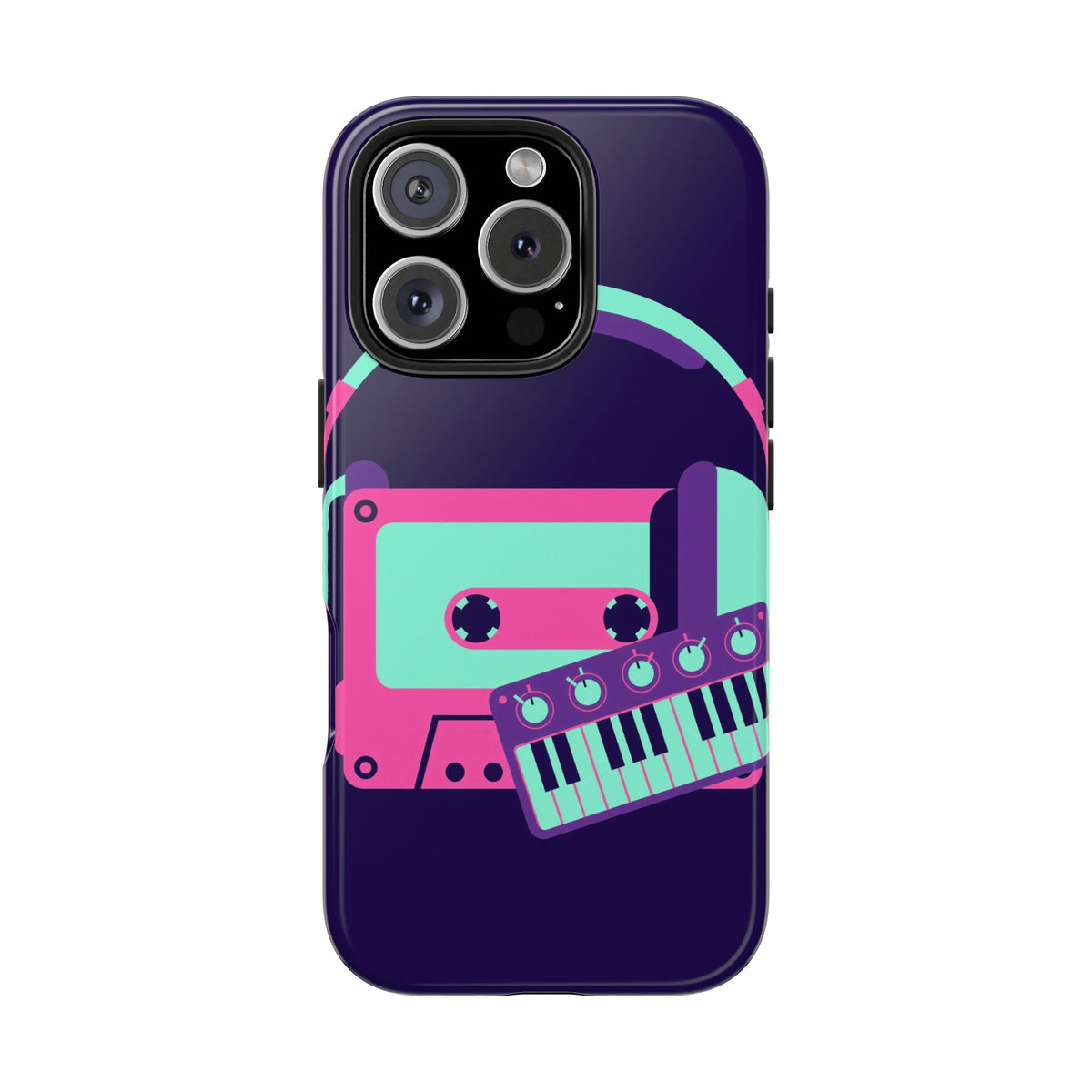 Retro Cassette Phone Case - Neon Headphones and Synth Design