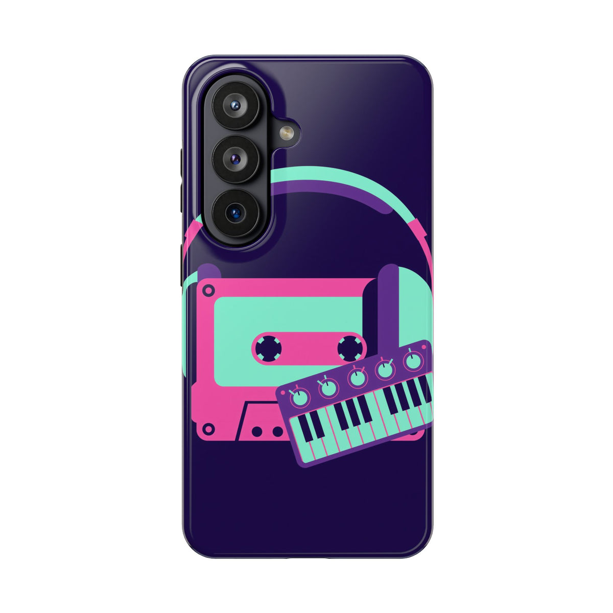 Retro Cassette Phone Case - Neon Headphones and Synth Design
