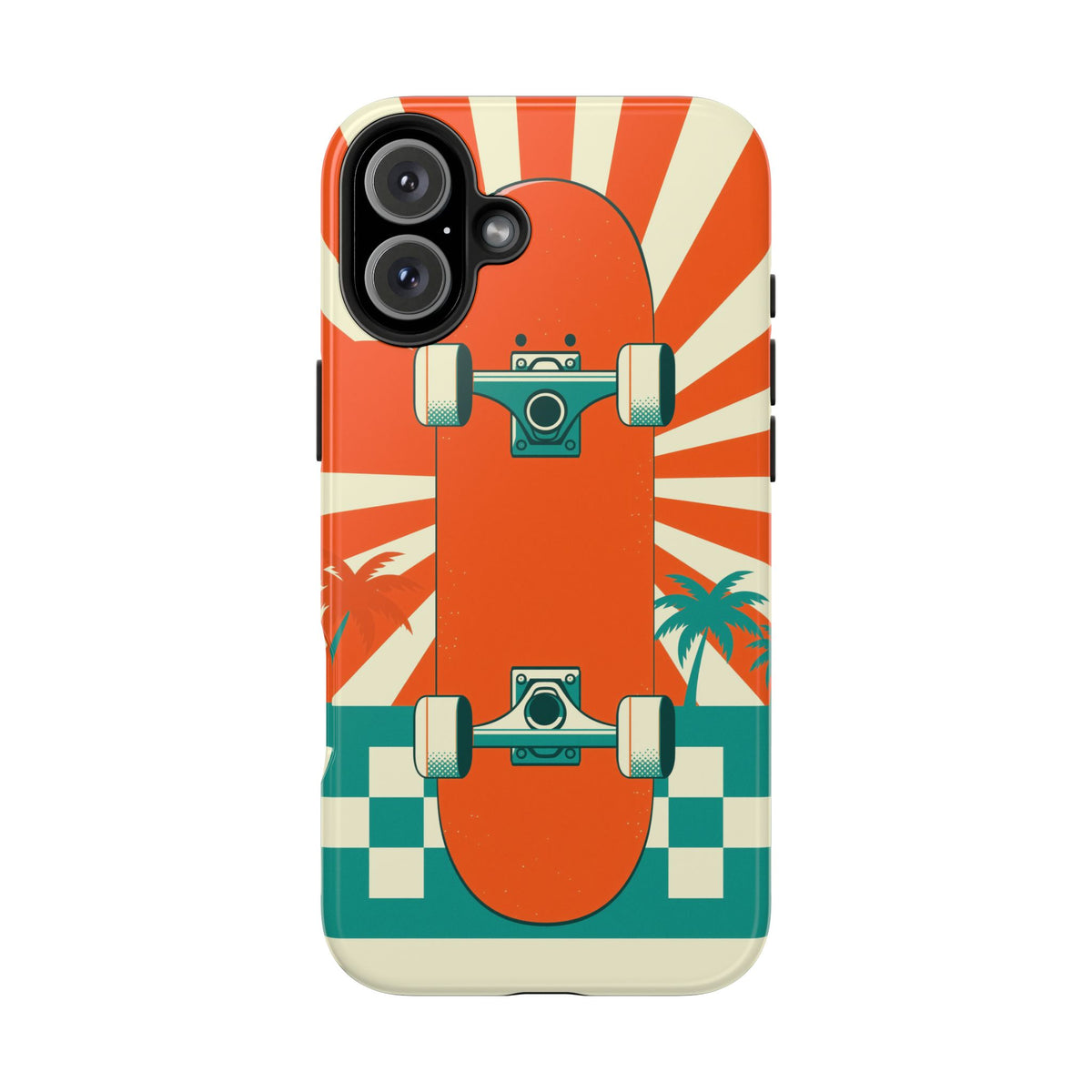 Skateboard Phone Case - Retro Sunburst, Palms and Checkerboard