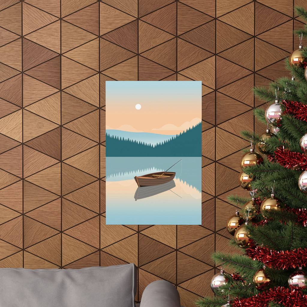 Fishing Poster - Misty Lake Rowboat at Dawn, Minimalist Art