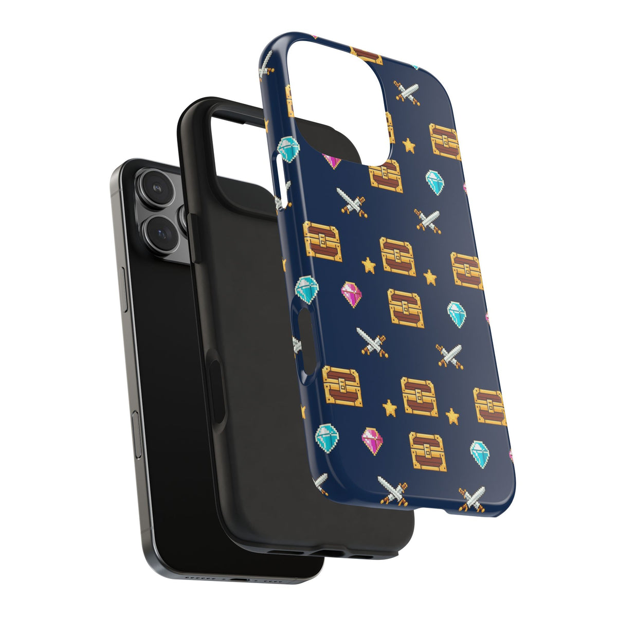 Tough phone case with a pixel art pattern of treasure chests, gems, potions and swords on navy - view 33