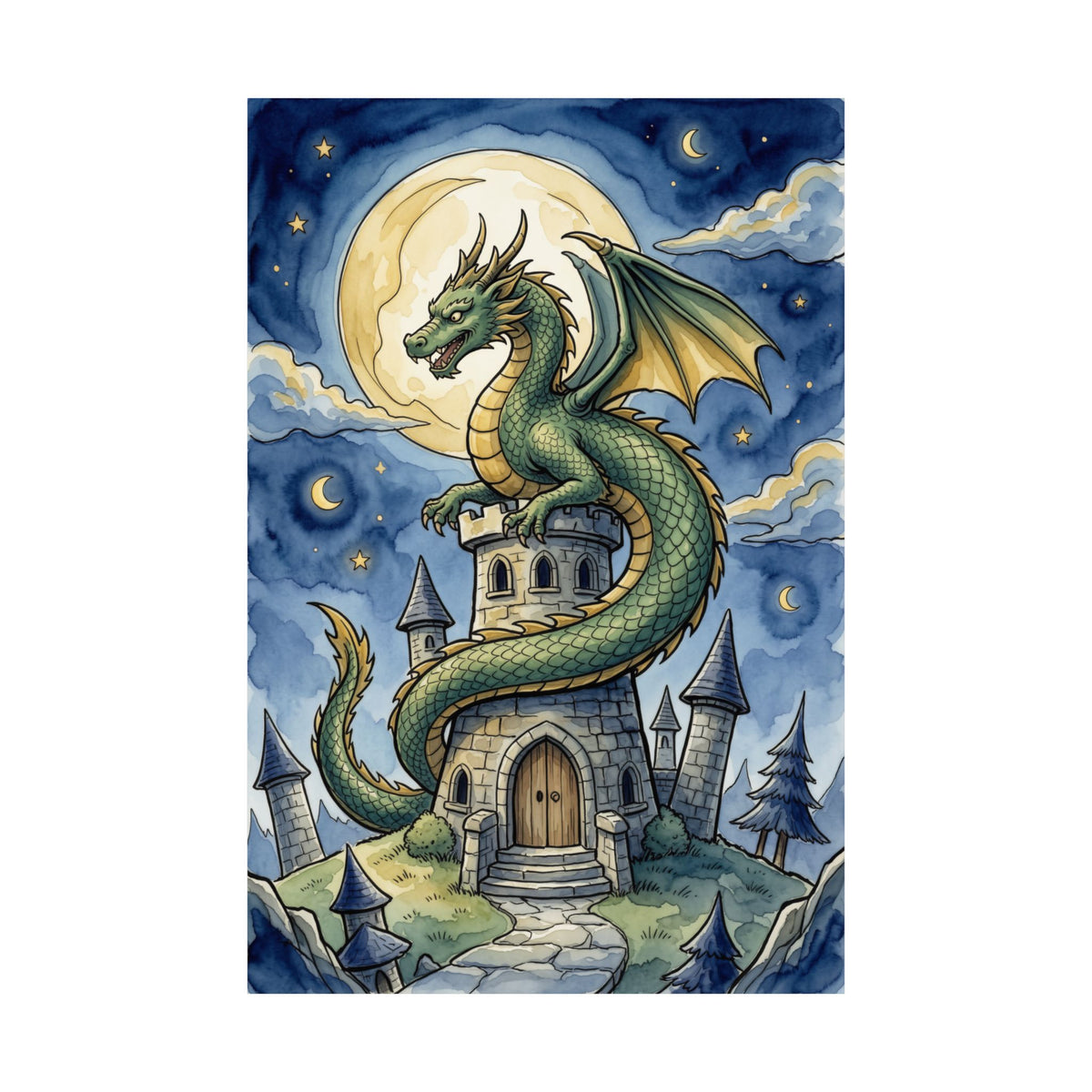Fantasy Dragon Poster - Wizard Tower Ink and Watercolor Art