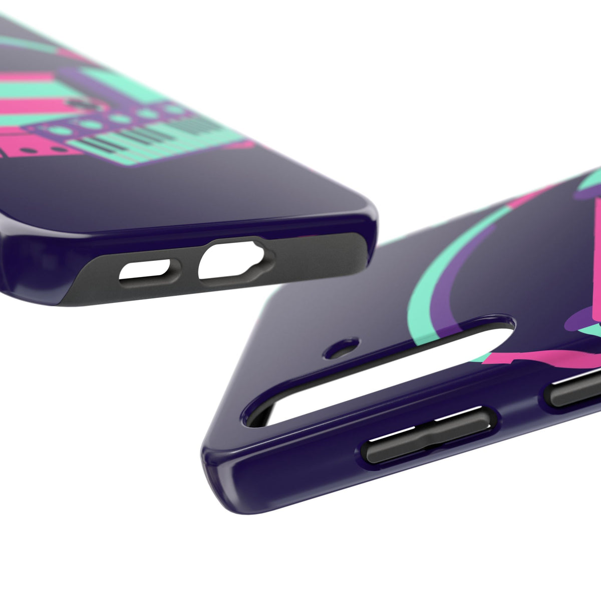 Retro Cassette Phone Case - Neon Headphones and Synth Design