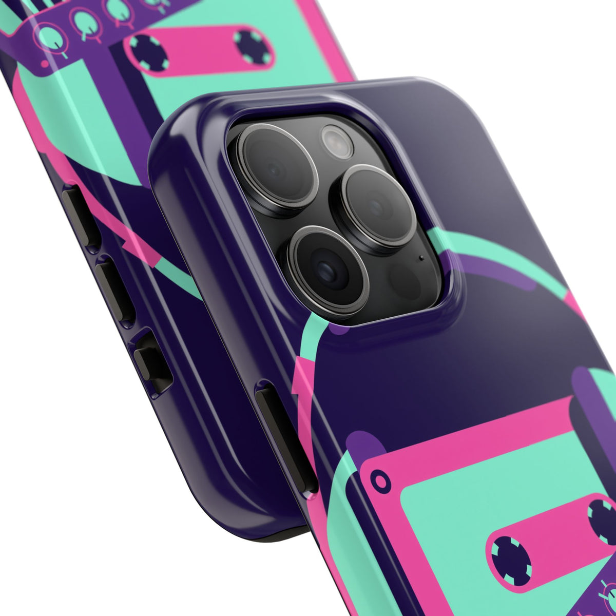 Retro Cassette Phone Case - Neon Headphones and Synth Design