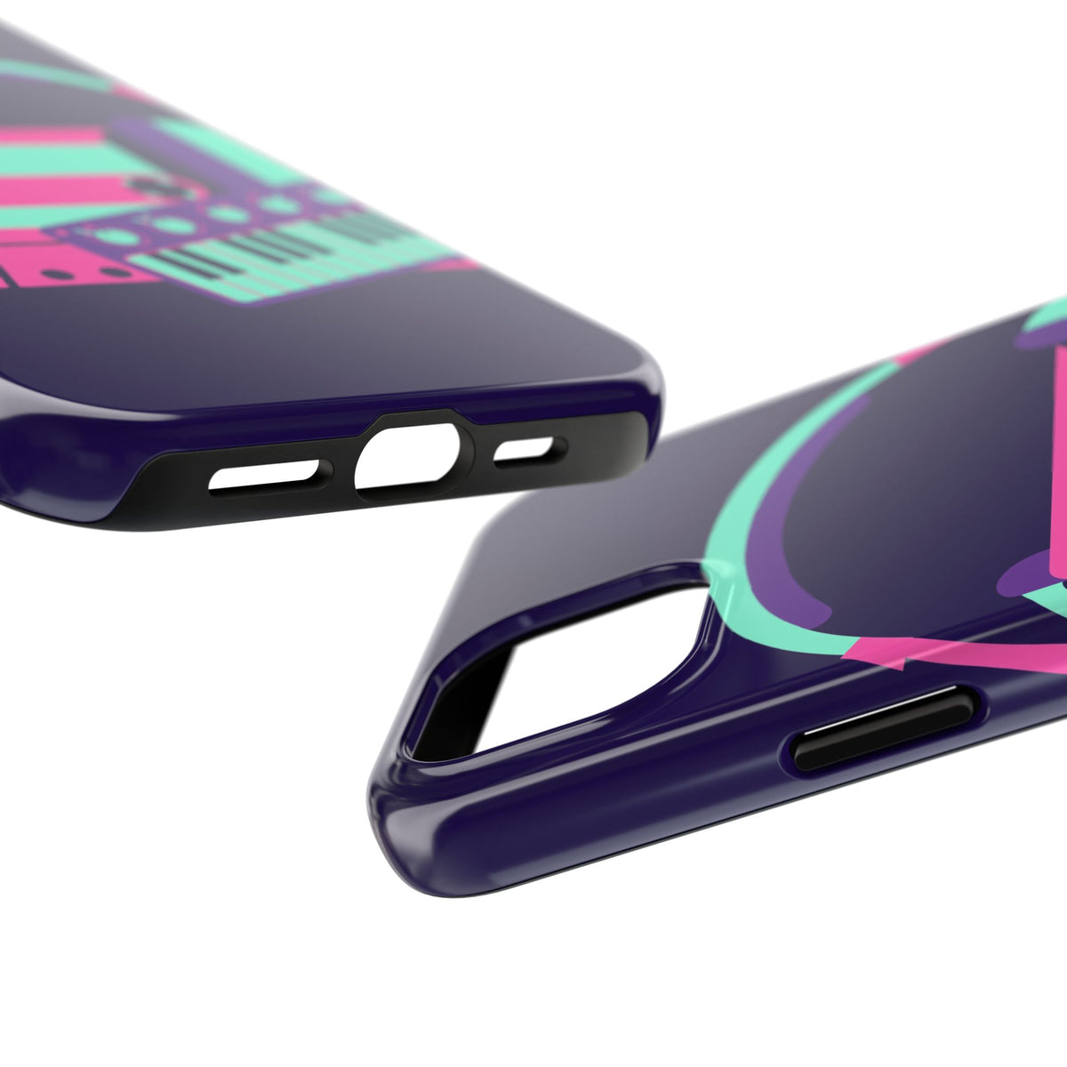 Retro Cassette Phone Case - Neon Headphones and Synth Design
