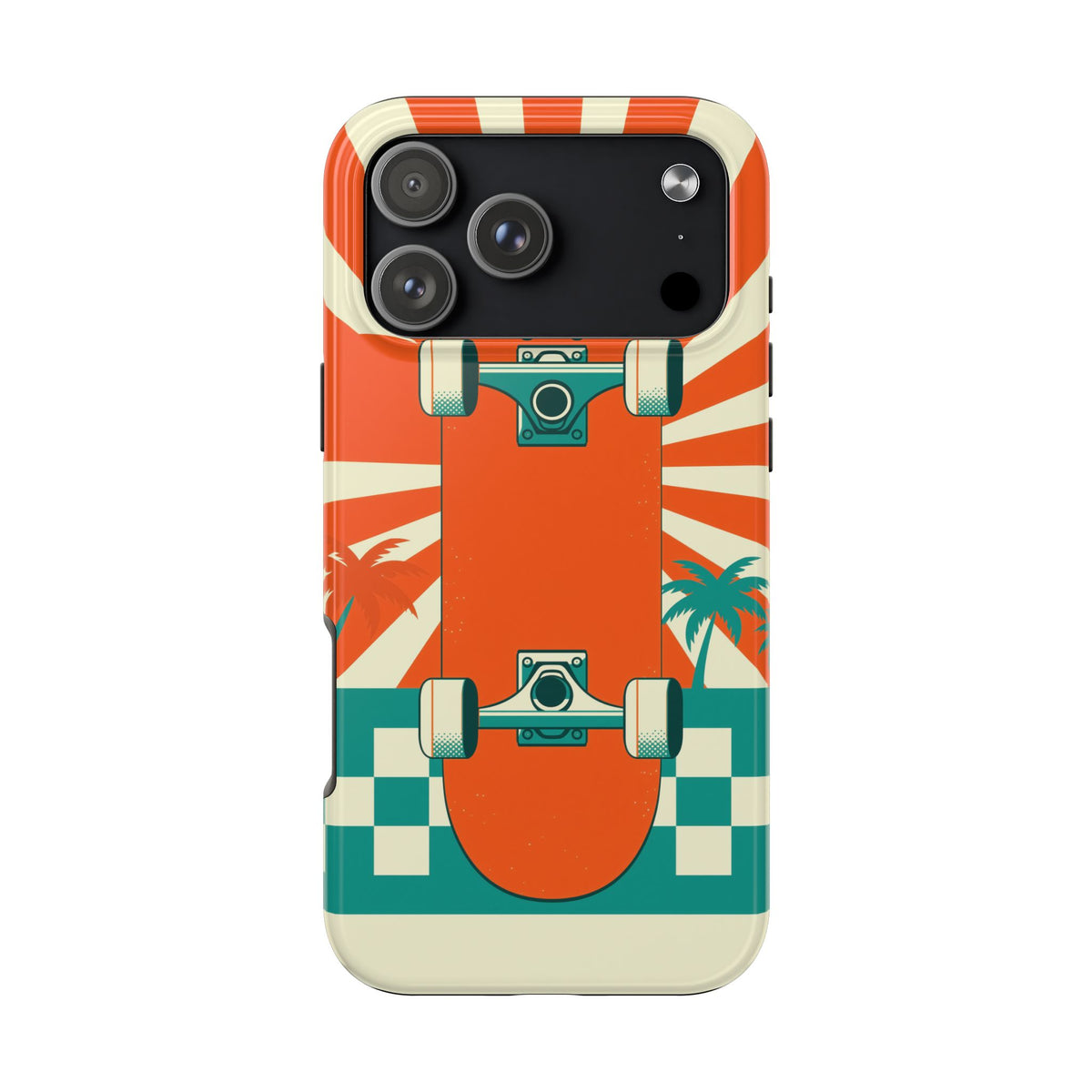 Skateboard Phone Case - Retro Sunburst, Palms and Checkerboard