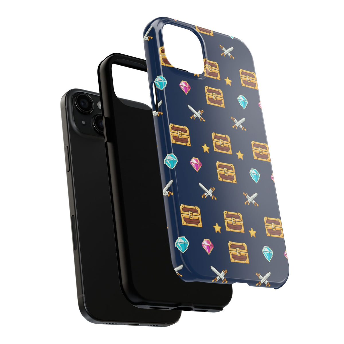 Tough phone case with a pixel art pattern of treasure chests, gems, potions and swords on navy - view 23