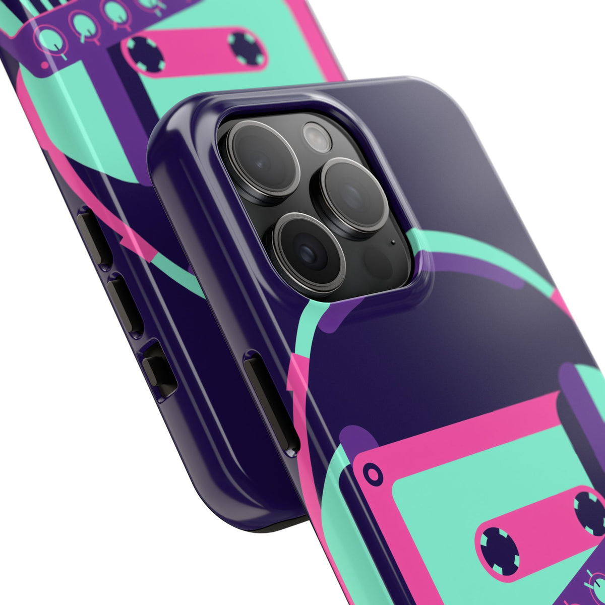Retro Cassette Phone Case - Neon Headphones and Synth Design