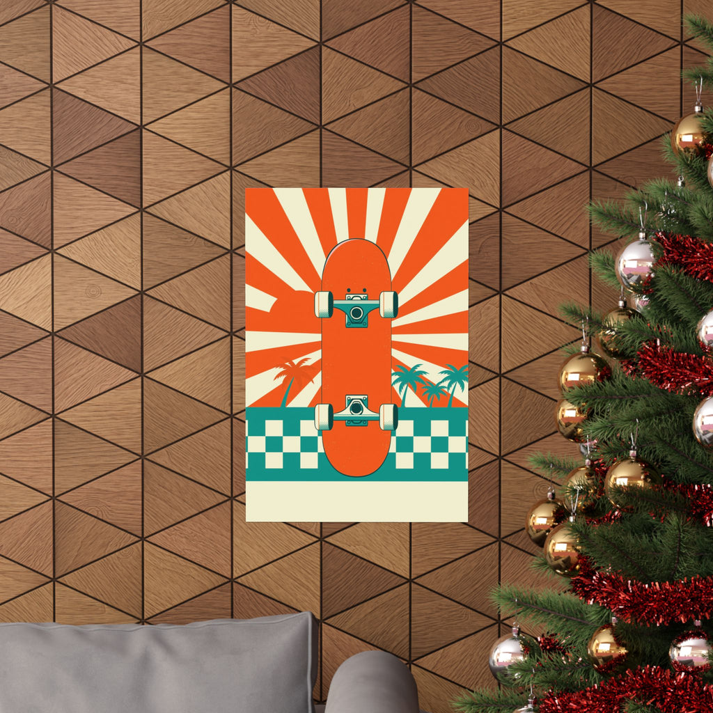 Skateboard Poster - Retro Sunburst and Palms Wall Art Print
