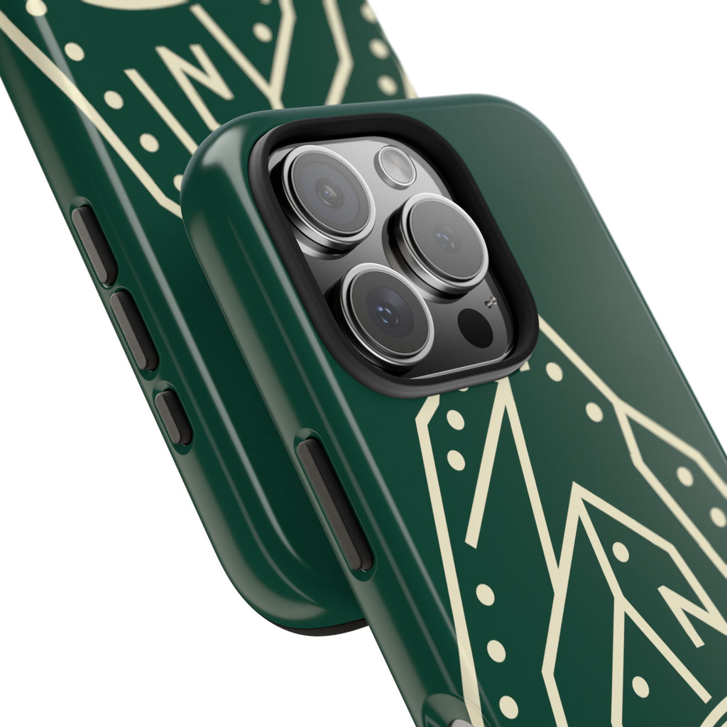 Tough phone case with cream line art of a mountain route, coiled rope and carabiner on forest green - view 30