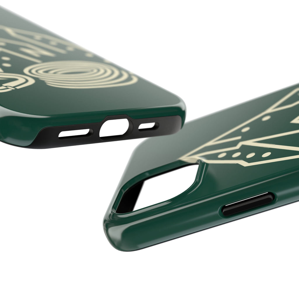 Tough phone case with cream line art of a mountain route, coiled rope and carabiner on forest green - view 22