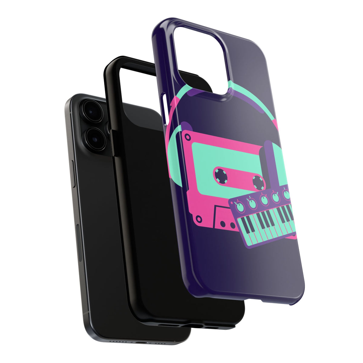 Retro Cassette Phone Case - Neon Headphones and Synth Design
