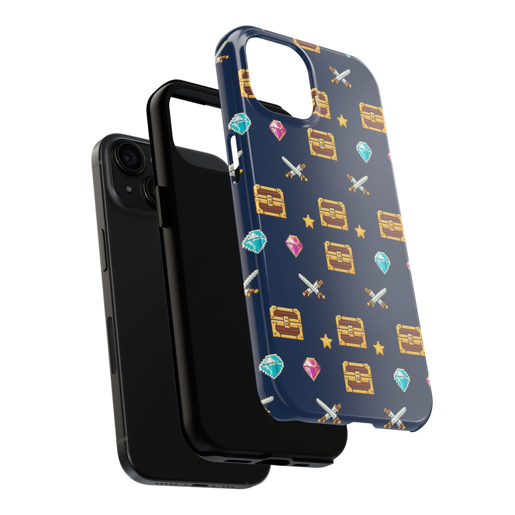 Tough phone case with a pixel art pattern of treasure chests, gems, potions and swords on navy - view 17