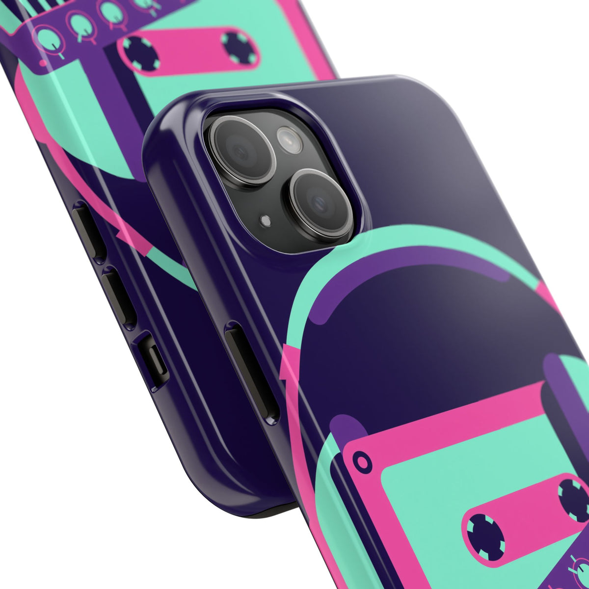 Retro Cassette Phone Case - Neon Headphones and Synth Design