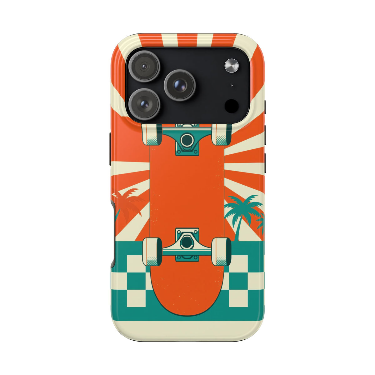 Skateboard Phone Case - Retro Sunburst, Palms and Checkerboard