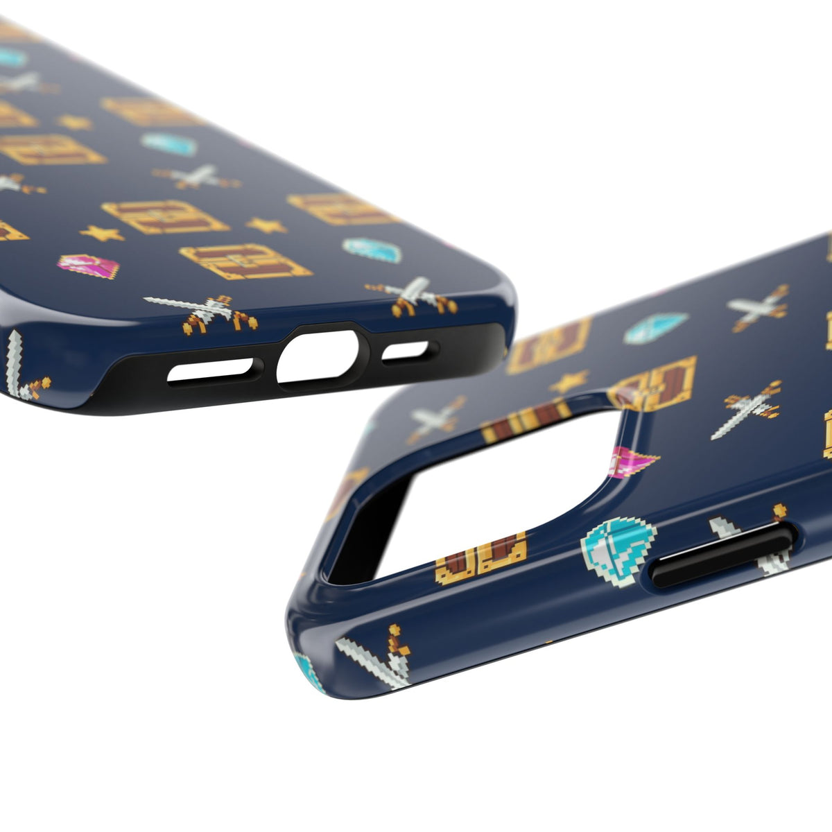 Tough phone case with a pixel art pattern of treasure chests, gems, potions and swords on navy - view 25