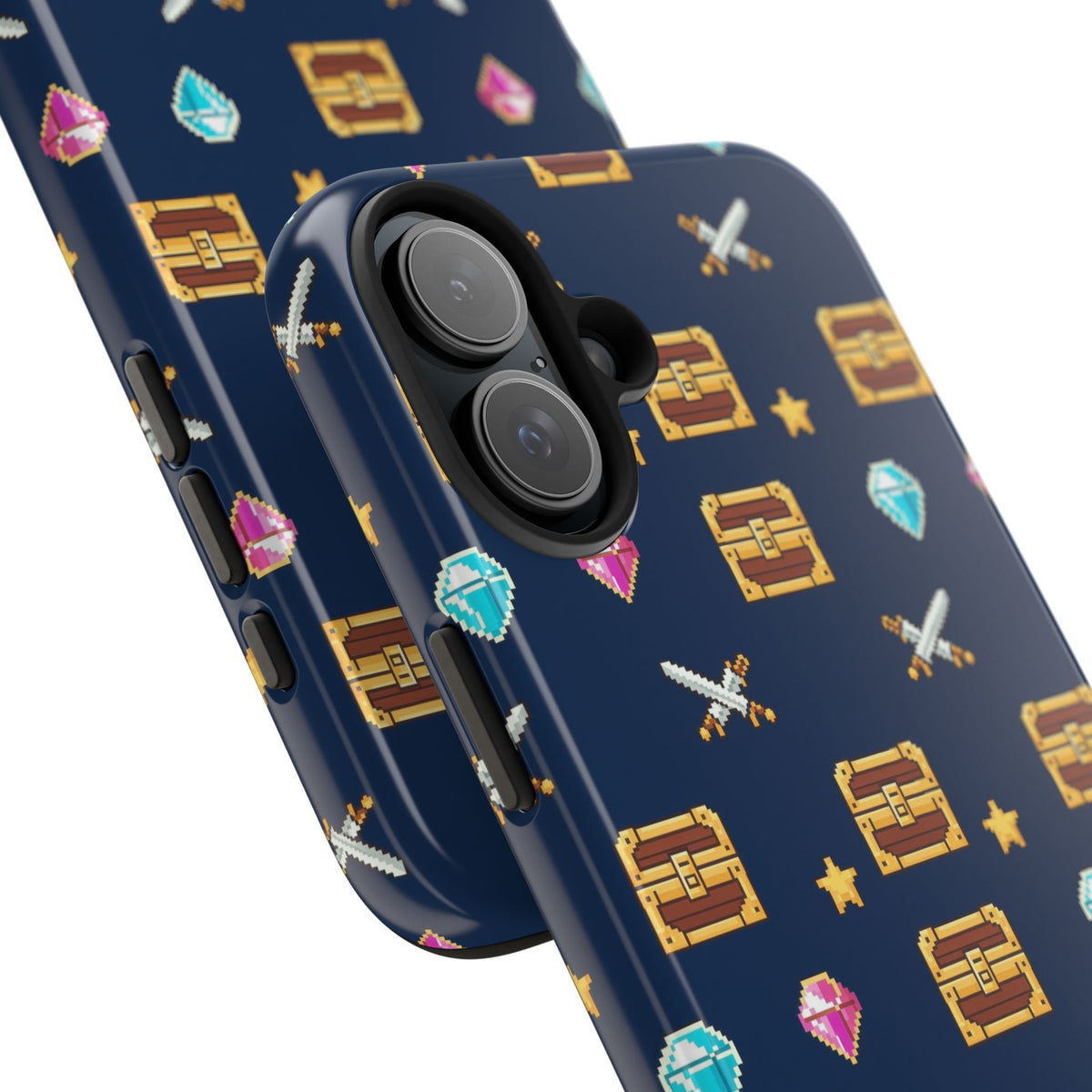 Tough phone case with a pixel art pattern of treasure chests, gems, potions and swords on navy - view 36