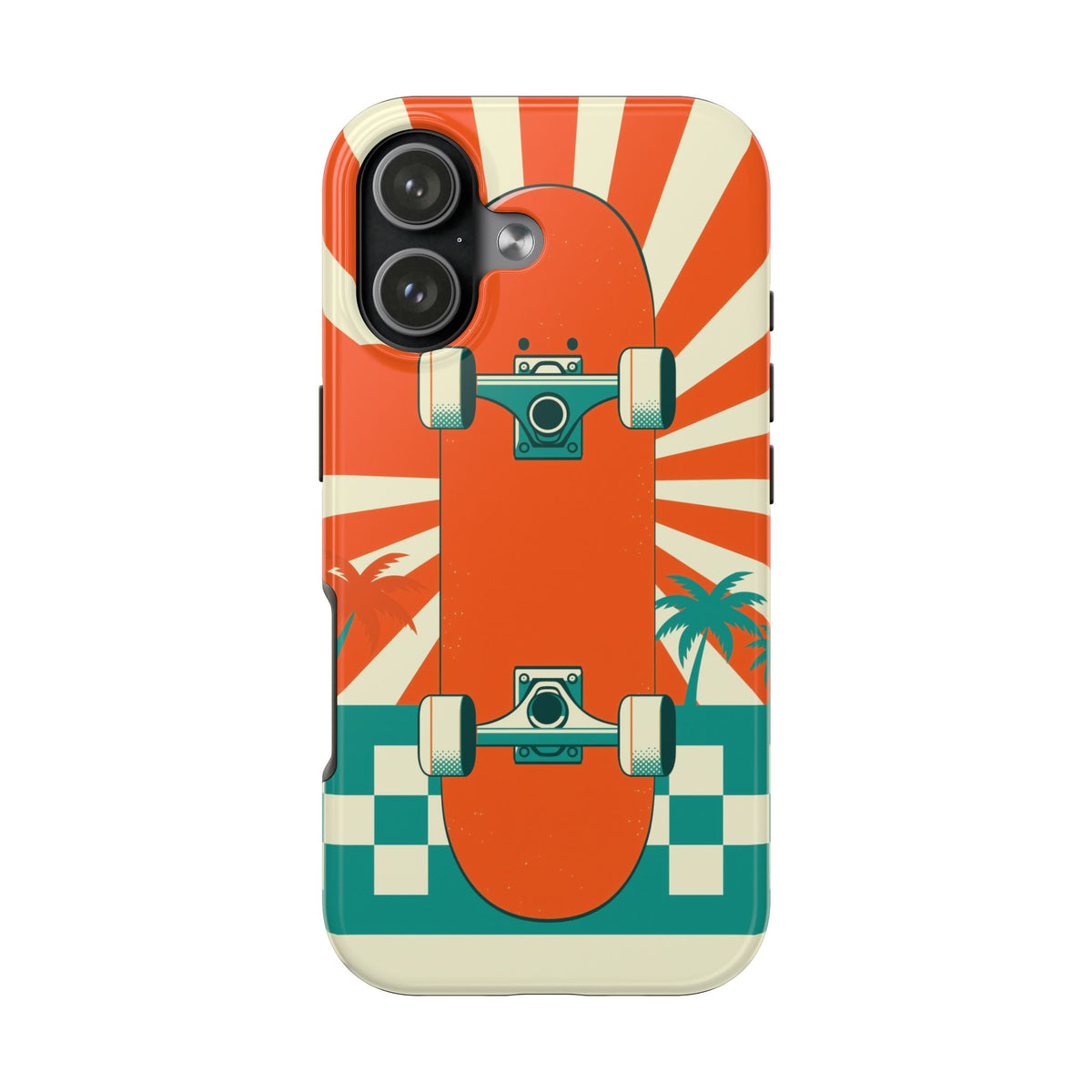 Skateboard Phone Case - Retro Sunburst, Palms and Checkerboard
