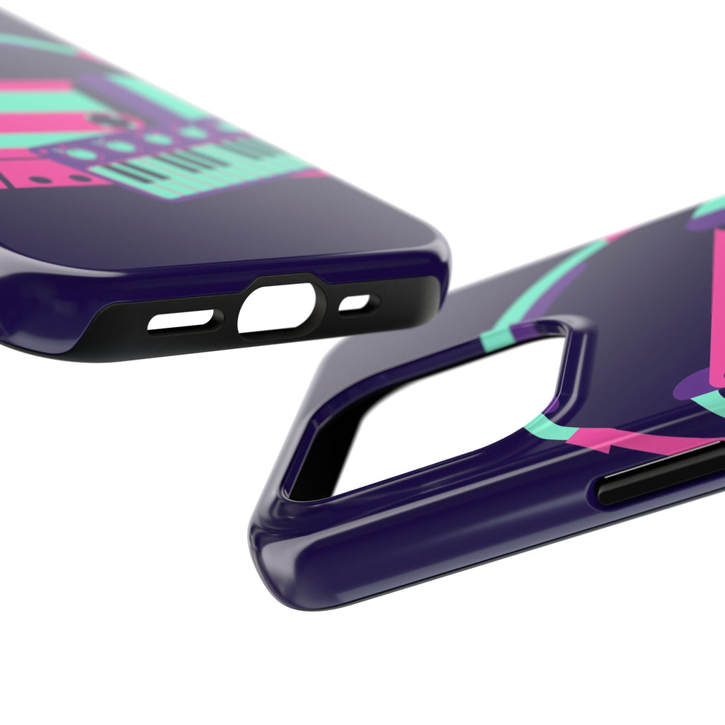 Retro Cassette Phone Case - Neon Headphones and Synth Design