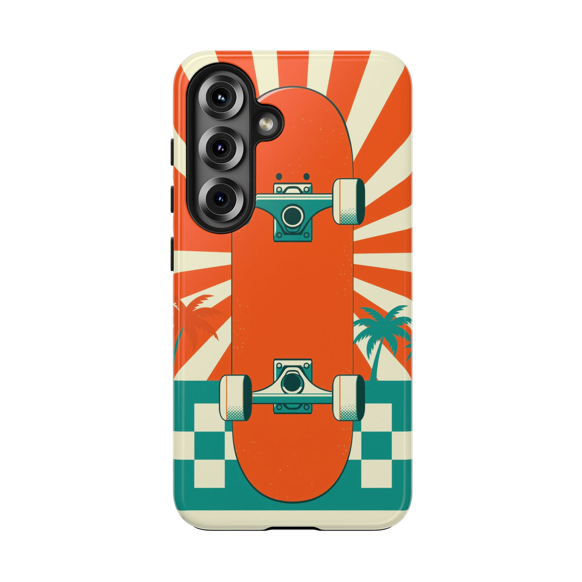 Skateboard Phone Case - Retro Sunburst, Palms and Checkerboard