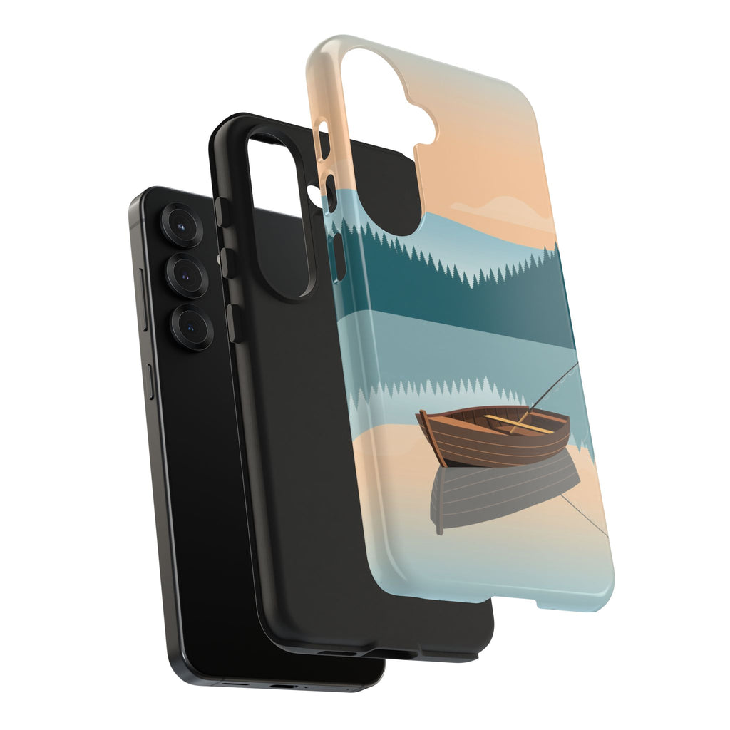 Fishing Phone Case - Misty Lake Rowboat at Dawn, Minimalist