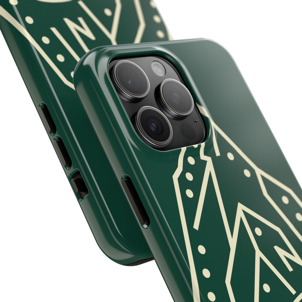 Tough phone case with cream line art of a mountain route, coiled rope and carabiner on forest green - view 24