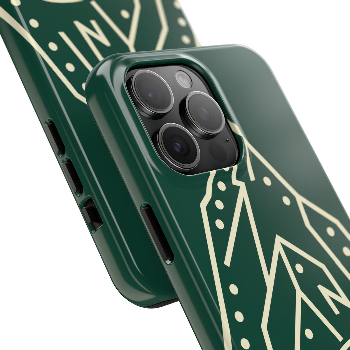 Tough phone case with cream line art of a mountain route, coiled rope and carabiner on forest green - view 24