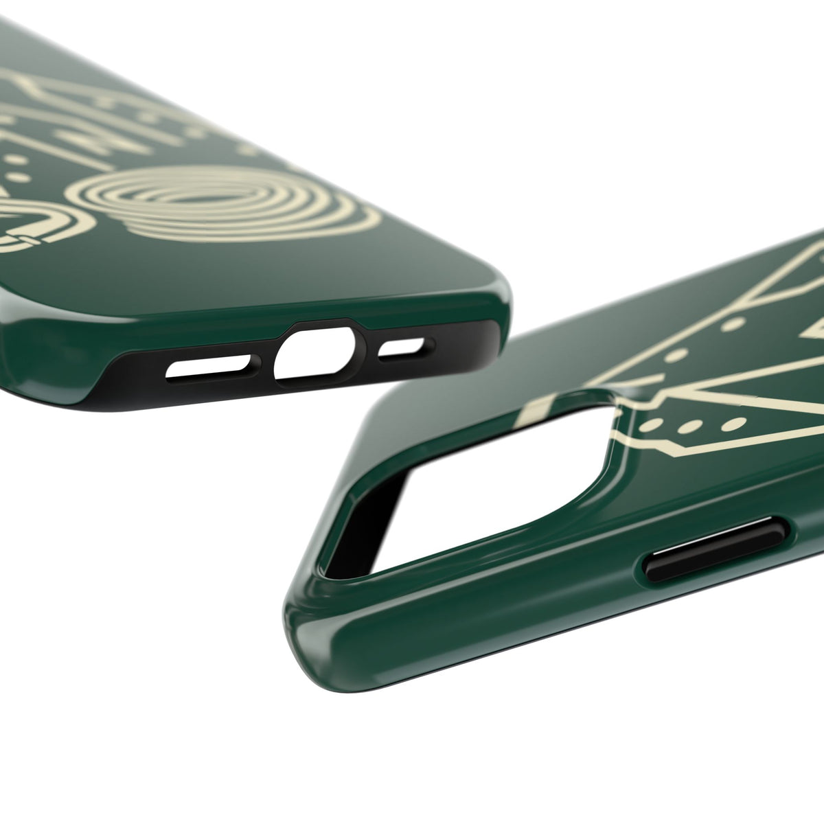 Tough phone case with cream line art of a mountain route, coiled rope and carabiner on forest green - view 25