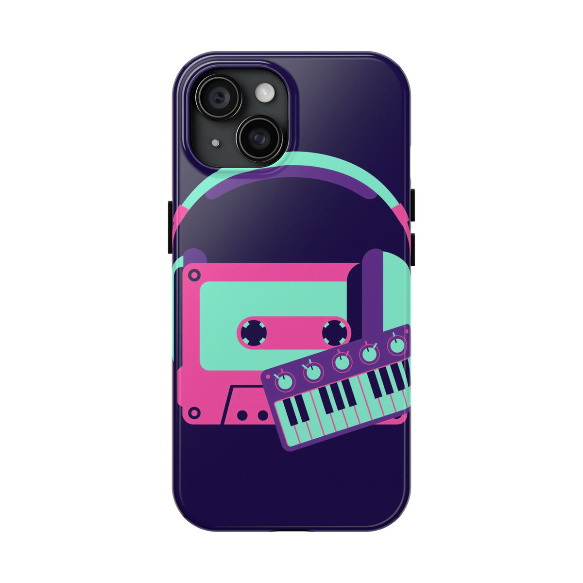 Retro Cassette Phone Case - Neon Headphones and Synth Design