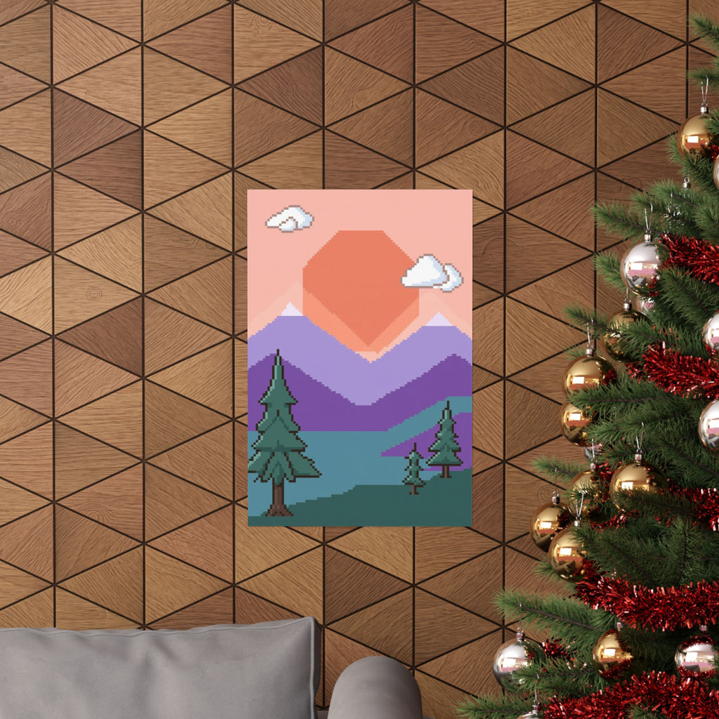 Pixel Art Poster - Retro 16-Bit Mountain Sunset Wall Art