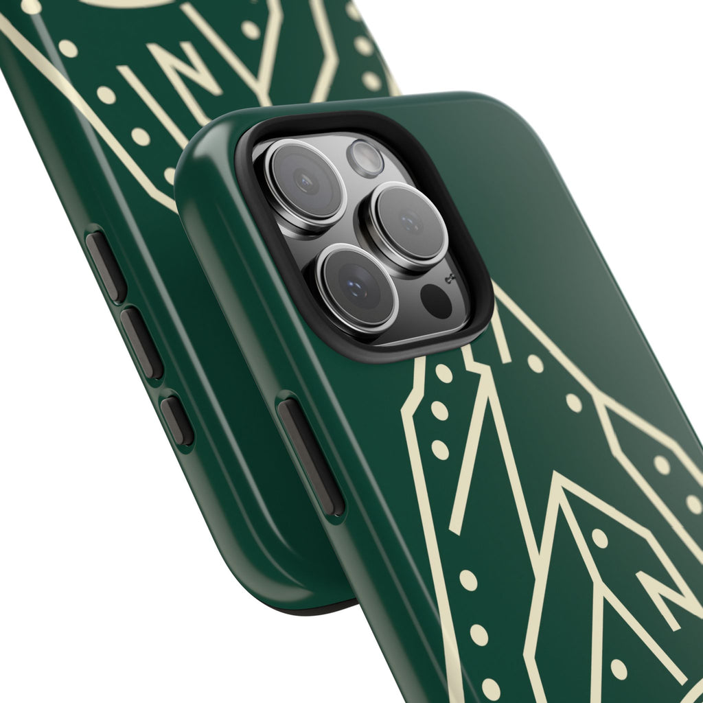 Tough phone case with cream line art of a mountain route, coiled rope and carabiner on forest green - view 32