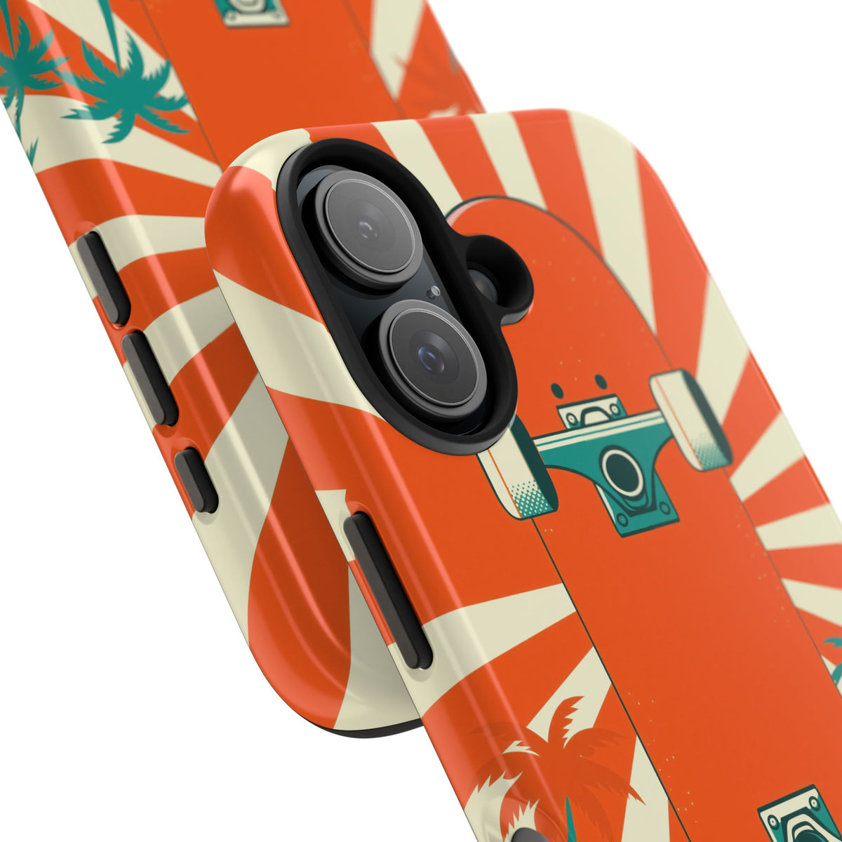 Skateboard Phone Case - Retro Sunburst, Palms and Checkerboard