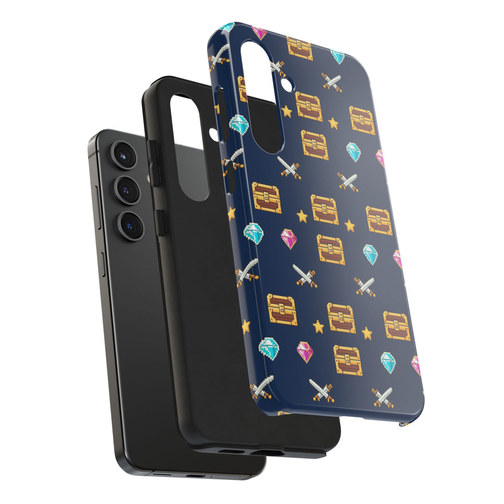 Tough phone case with a pixel art pattern of treasure chests, gems, potions and swords on navy - view 29