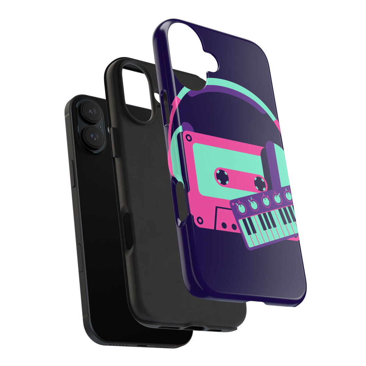 Retro Cassette Phone Case - Neon Headphones and Synth Design