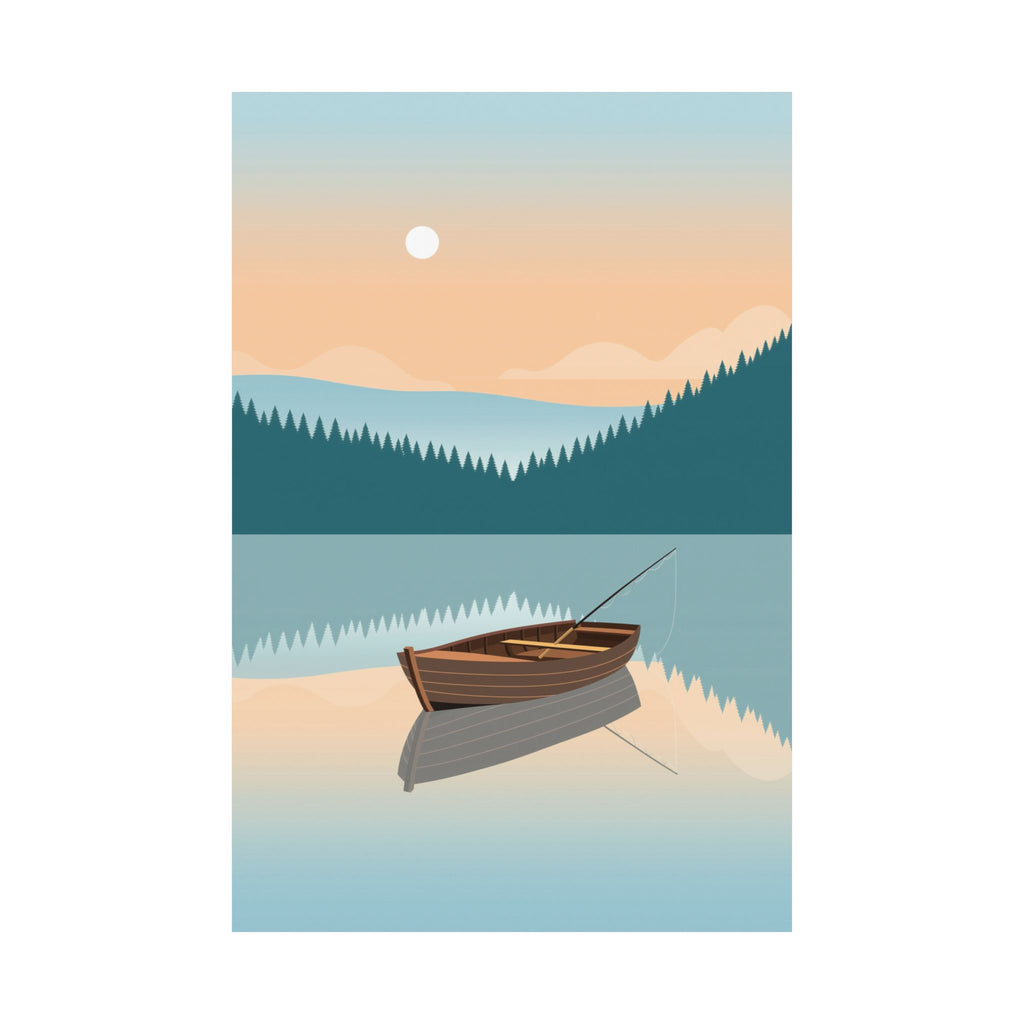 Fishing Poster - Misty Lake Rowboat at Dawn, Minimalist Art
