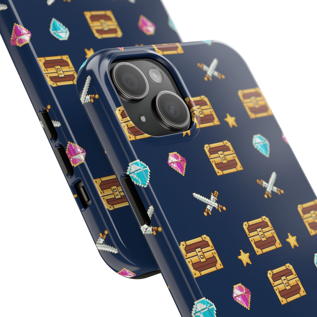 Tough phone case with a pixel art pattern of treasure chests, gems, potions and swords on navy - view 21