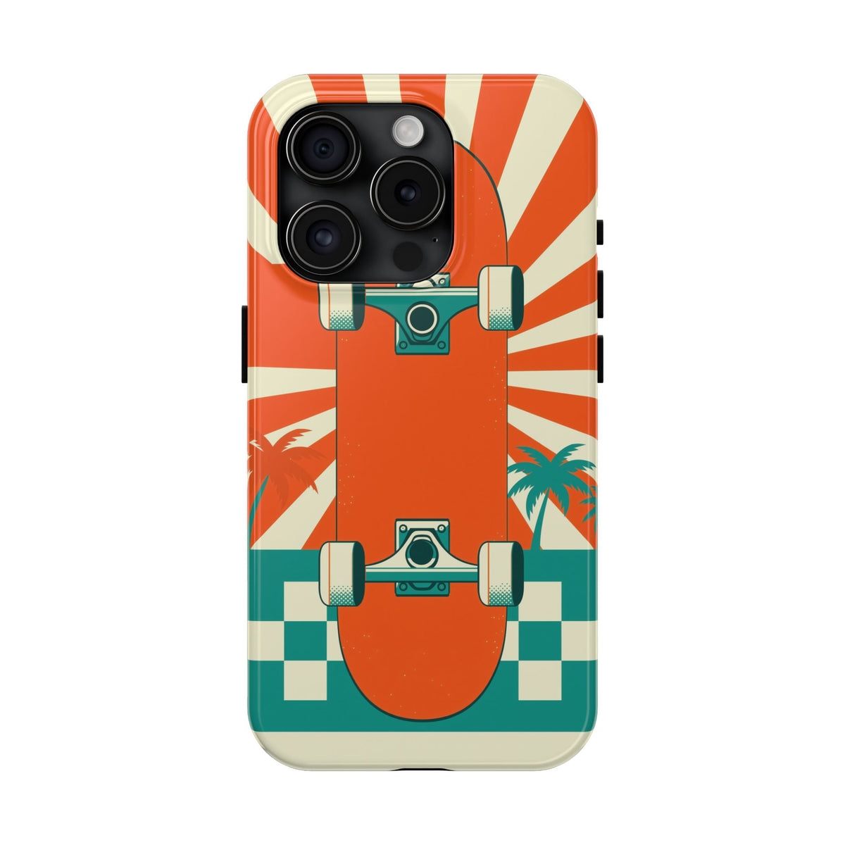 Skateboard Phone Case - Retro Sunburst, Palms and Checkerboard