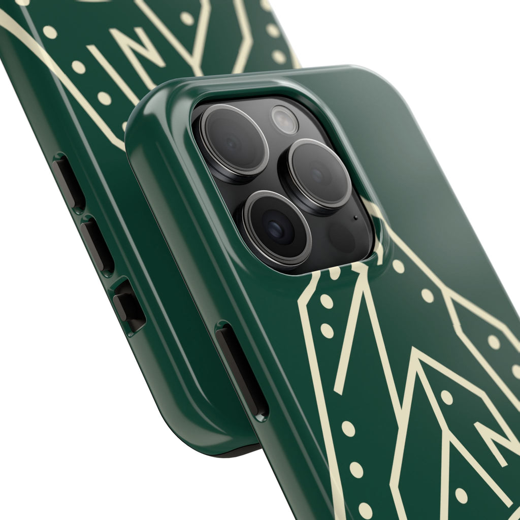 Tough phone case with cream line art of a mountain route, coiled rope and carabiner on forest green - view 18