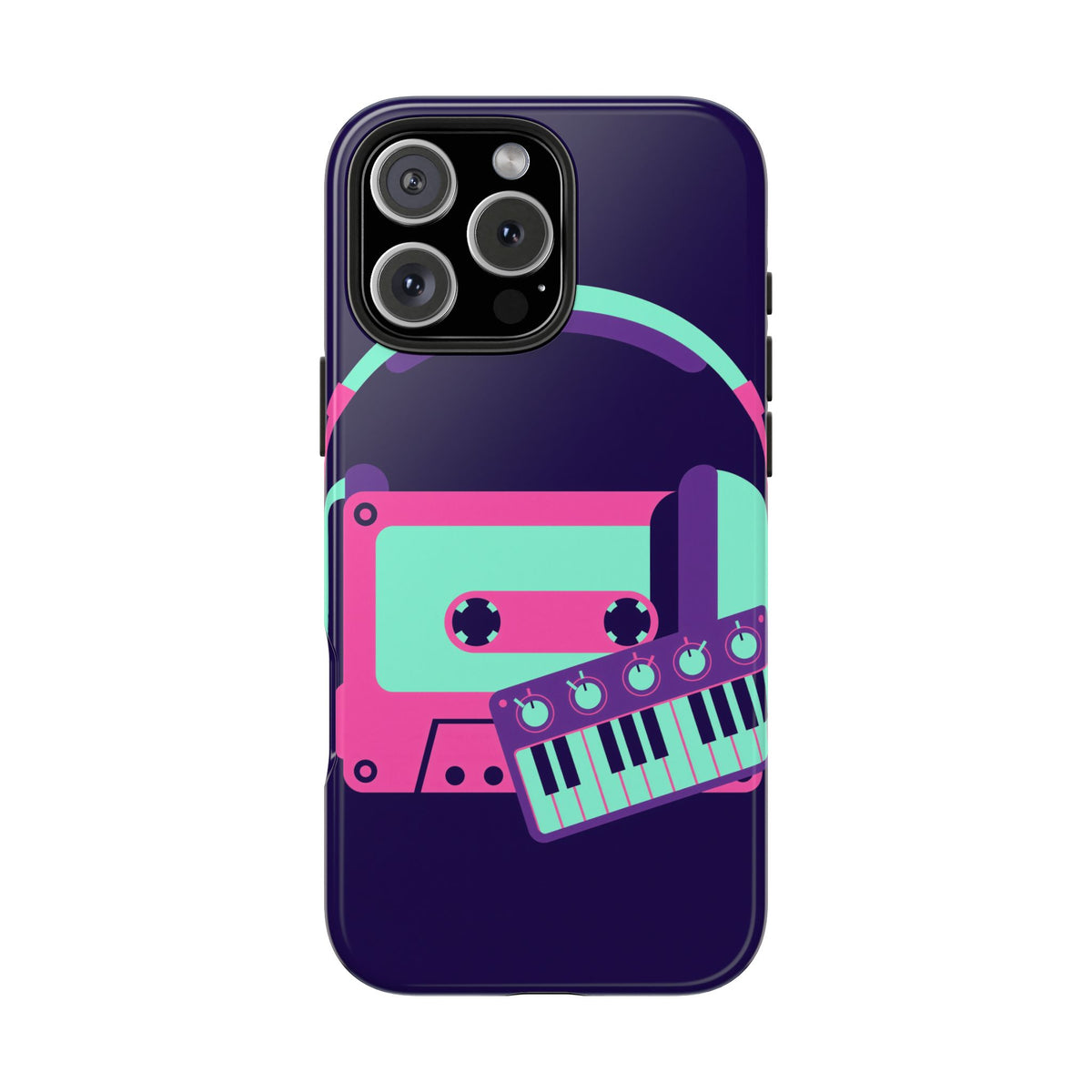 Retro Cassette Phone Case - Neon Headphones and Synth Design