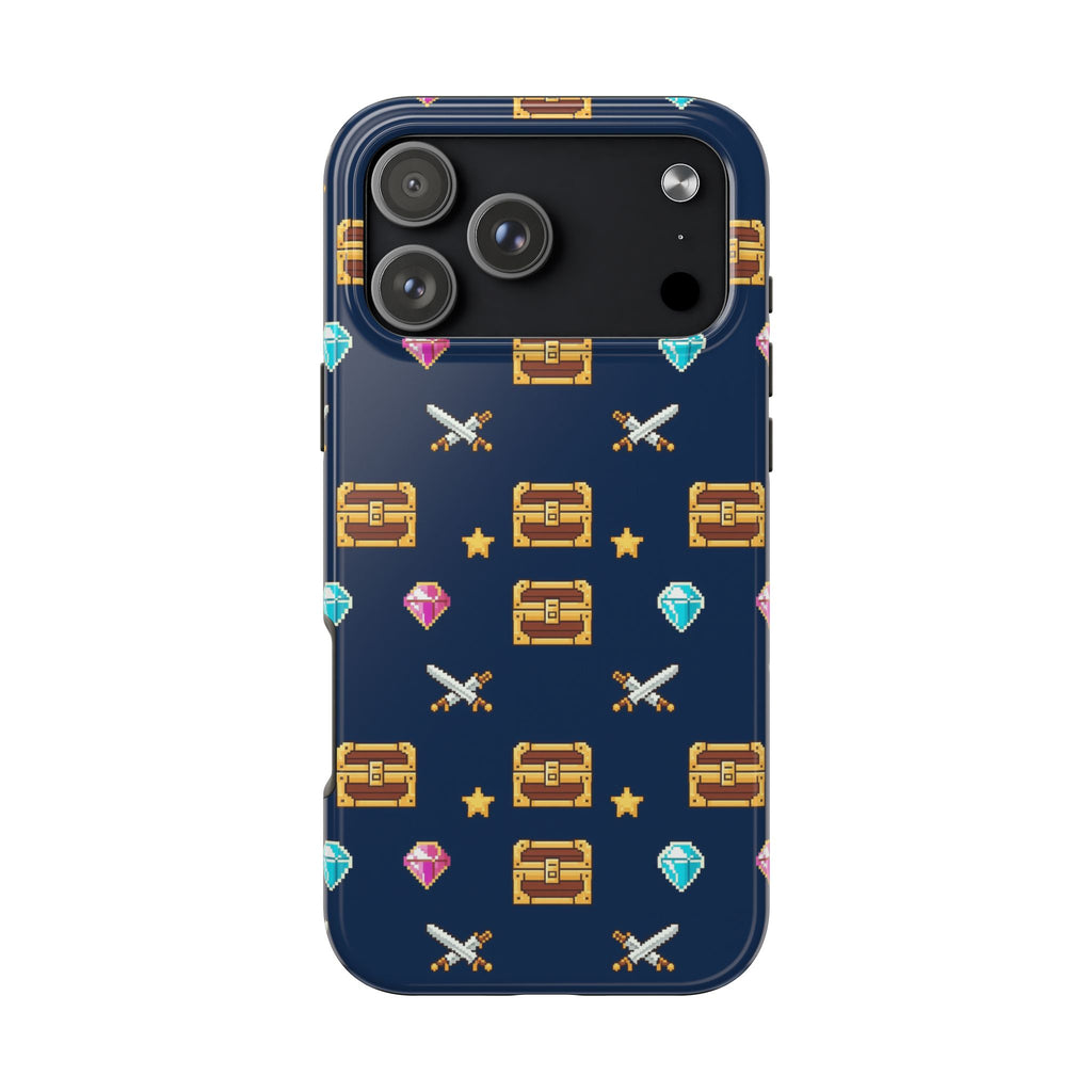 Tough phone case with a pixel art pattern of treasure chests, gems, potions and swords on navy - view 13