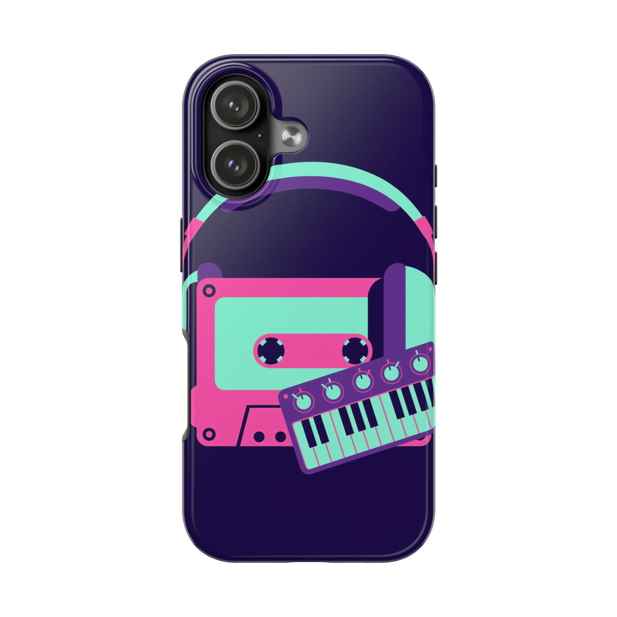 Retro Cassette Phone Case - Neon Headphones and Synth Design