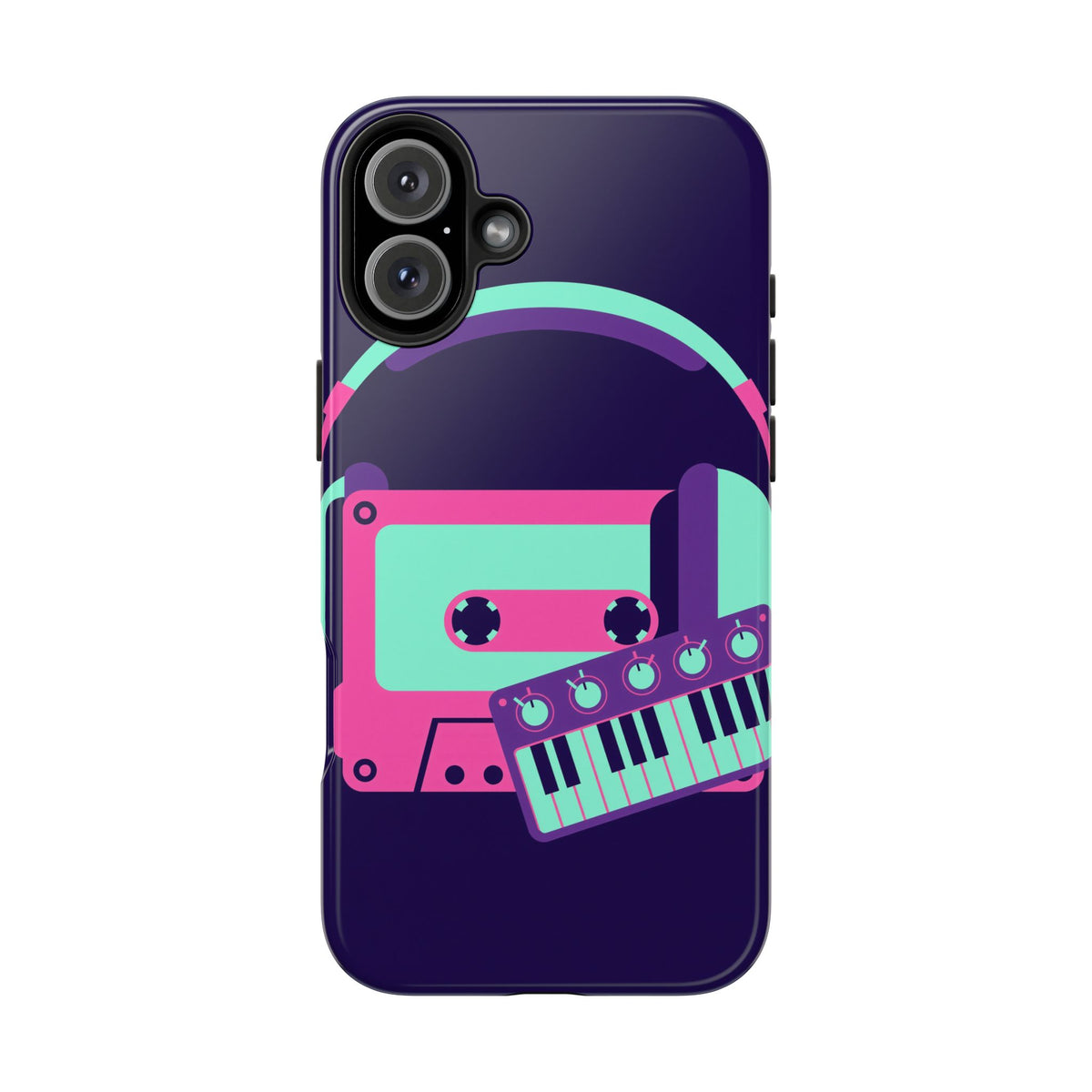 Retro Cassette Phone Case - Neon Headphones and Synth Design